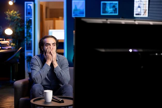 A person looking stressed and surrounded by unfinished work, with a TV screen in the background showing a streaming show. The image represents the impact of binge-watching on productivity.