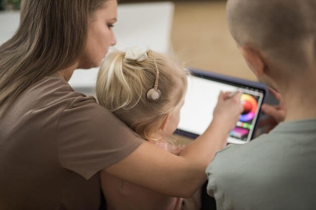 A parent showing their child how to navigate their kid-friendly profile on a streaming service. The profile features colorful icons and age-appropriate content options.