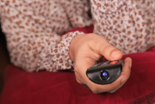 A hand holding a remote control, pointed at a TV screen displaying the Hulu interface. The background is a living room setting, suggesting a relaxed and immersive viewing experience.