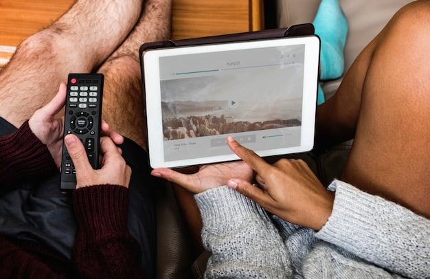 A split screen showing a household watching traditional broadcast TV on one side and streaming content on a tablet on the other, symbolizing the shifting viewing habits.
