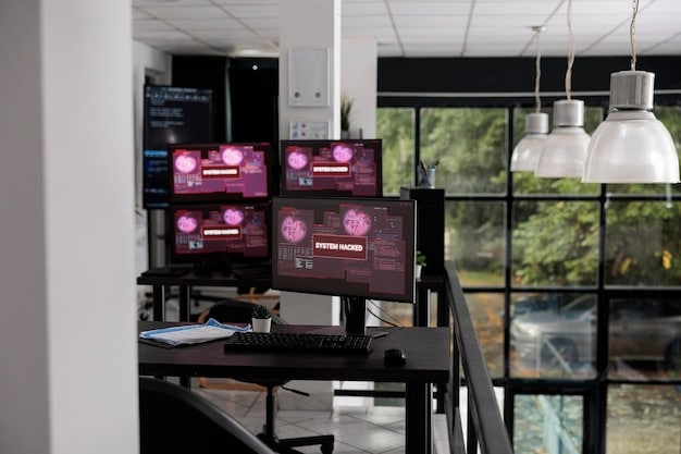 A network control room filled with computer screens, showing data streams and live video feeds, with engineers monitoring the interactive broadcast and ensuring seamless integration of viewer choices.