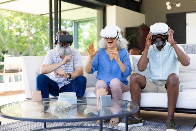 A diverse group of people in separate rooms, each wearing VR headsets, but appearing to be in the same virtual environment together, laughing and interacting, showcasing the potential for social VR experiences and collaborative storytelling in network TV.