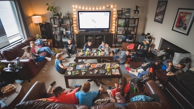 A panoramic shot of a busy television writer's room, filled with diverse individuals collaborating on scripts for a cable original drama series. Whiteboards covered in plotlines, character arcs, and creative ideas line the walls, showcasing the collaborative and meticulous process behind cable television production.