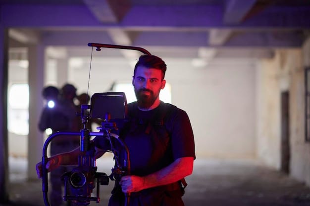 A close-up shot of a director on the set of a Cable Original show, focusing on the camera and the director's intense expression as they review a scene. The background shows a busy set with crew members working.