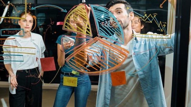 A dynamic shot of a writer's room for a cable original show, with writers brainstorming ideas on a whiteboard covered in notes and plotlines. The atmosphere is energetic and collaborative.