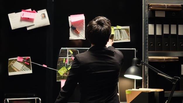 A behind-the-scenes photo shows a casting director in a modern office, reviewing headshots and resumes on a large screen display. Natural light floods the room, highlighting the focused and intent expression of the director.