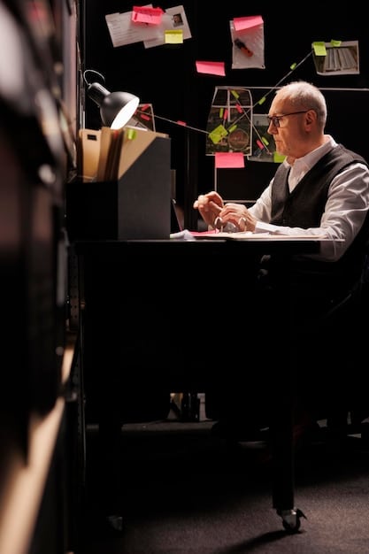 A casting director sitting at a table, reviewing headshots and resumes of actors. The office is filled with scripts and industry-related materials, showcasing a busy and professional atmosphere.