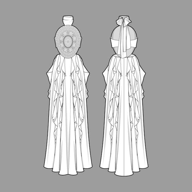 A detailed costume design sketch for a historical drama limited series, showcasing the intricate details and specialized materials required for period-accurate wardrobe.
