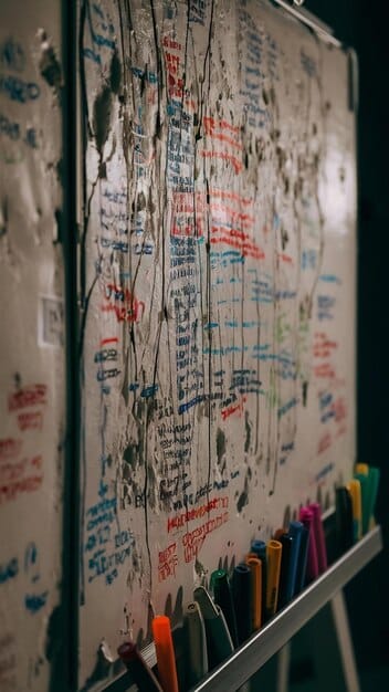 A close-up of a whiteboard filled with colorful sticky notes outlining plot points, character arcs, and scene breakdowns in a writer's room setting.