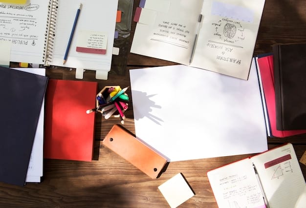 A writer's desk cluttered with pens, notebooks, and research materials, with a framed photo of a beloved character from a popular limited series visible in the background.