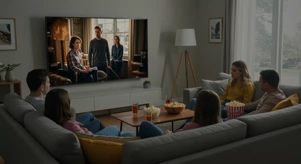 Group of friends enjoying a highly anticipated streaming premiere on a large screen in a cozy living room.