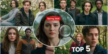 Dynamic collage of diverse streaming content for Spring 2025, highlighting top premieres and smart viewing choices.
