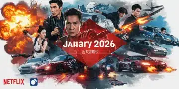 Dynamic collage of action movie scenes for January 2026 streaming premieres