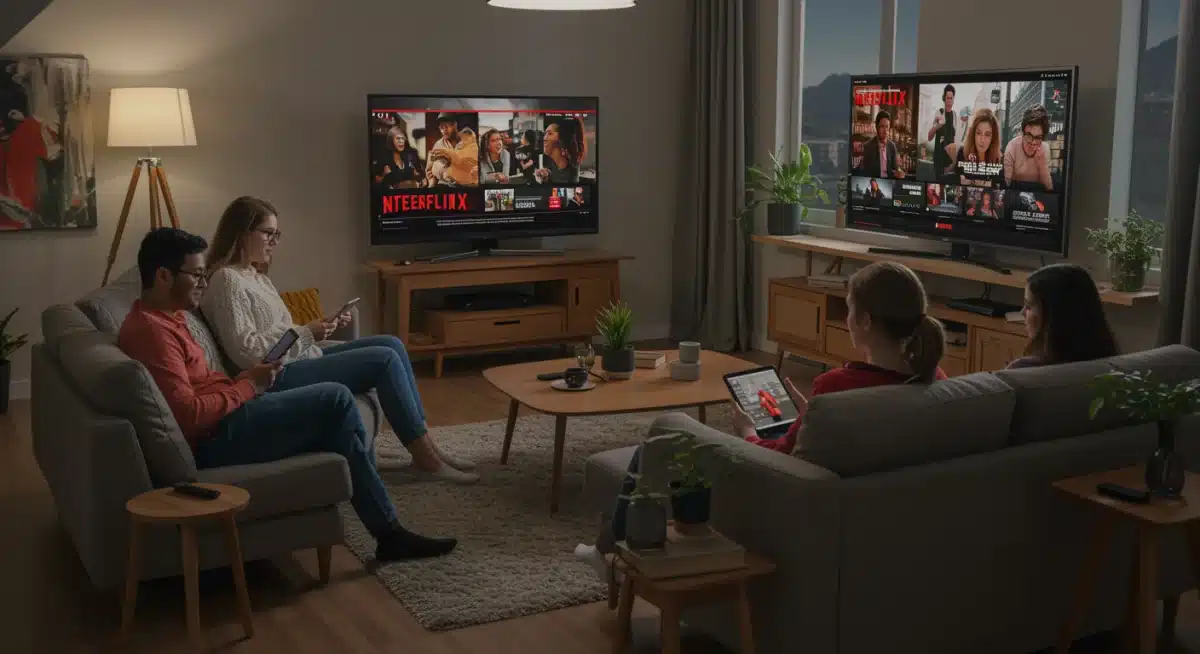 Diverse audience engaging with streaming content on multiple devices