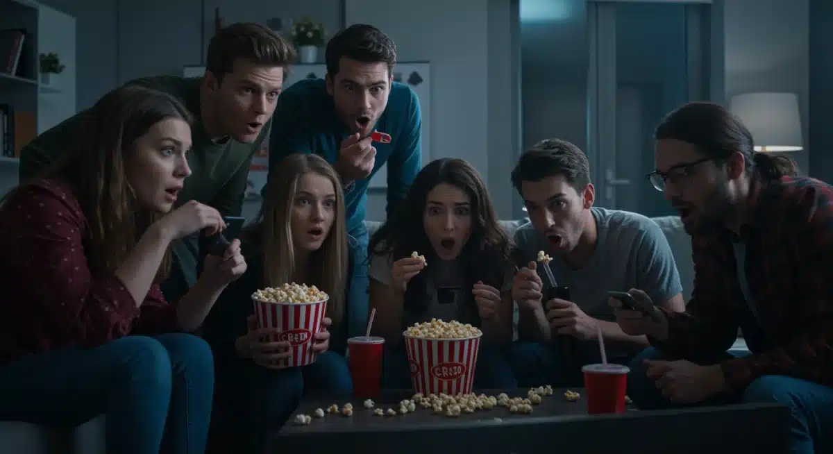 Group of young adults intently watching a new original streaming series on a large smart TV.