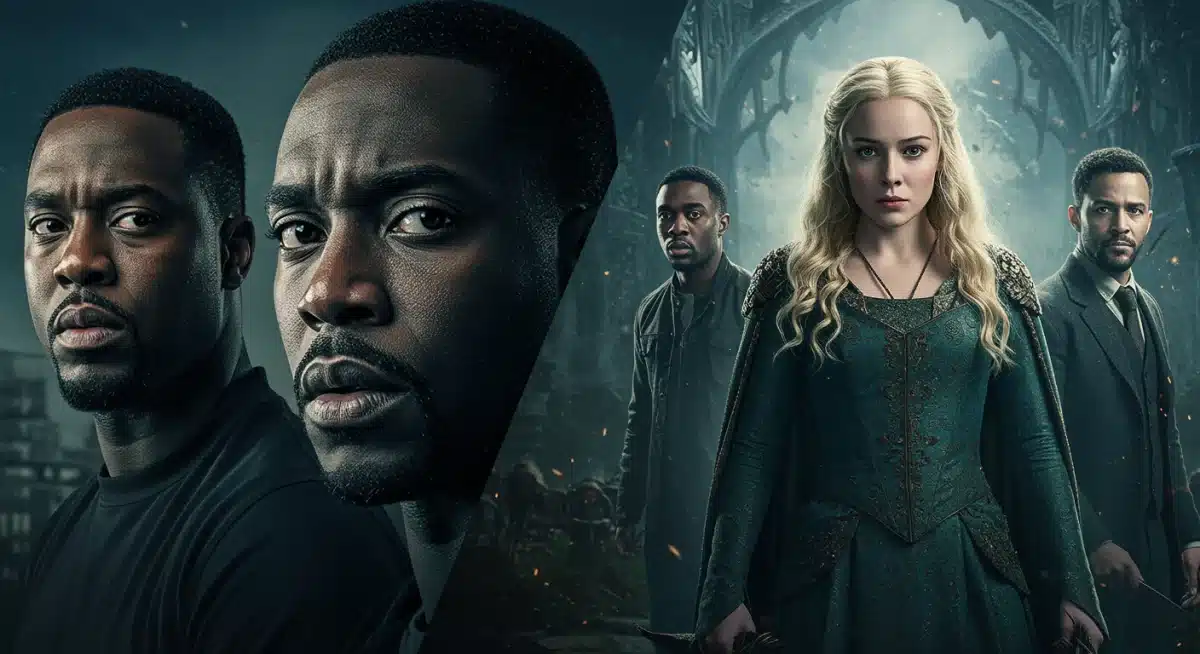 Split screen showing contrasting scenes from two new original series, highlighting diverse genre offerings.