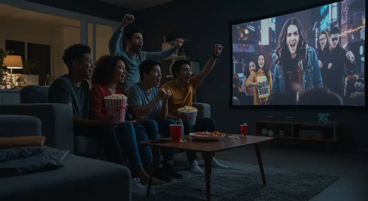 Friends enjoying a new streaming premiere together in a modern living room.