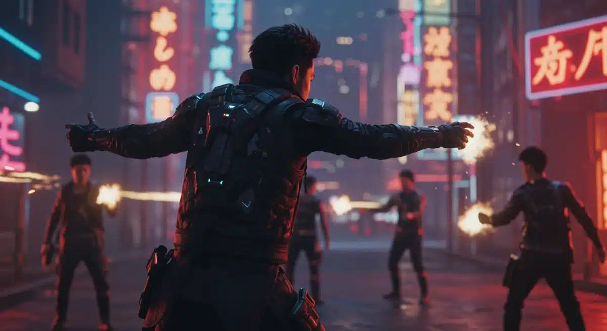 Futuristic action hero in combat within a neon-lit city