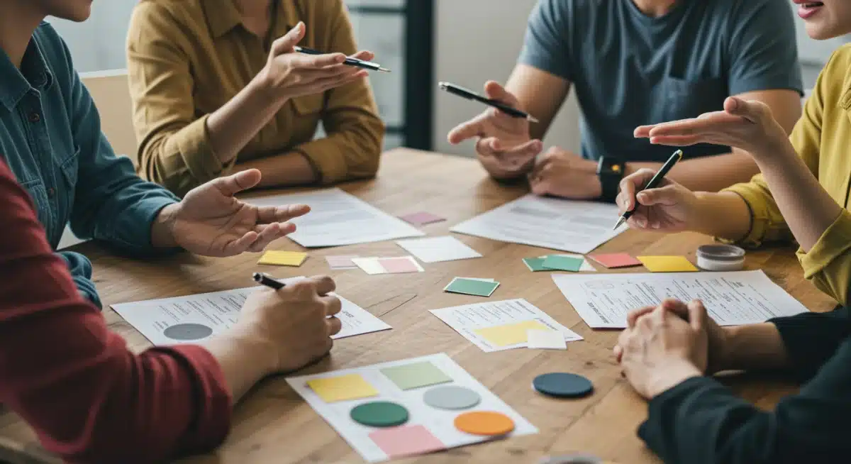 Diverse group discussing product samples and feedback forms in a focus group setting.