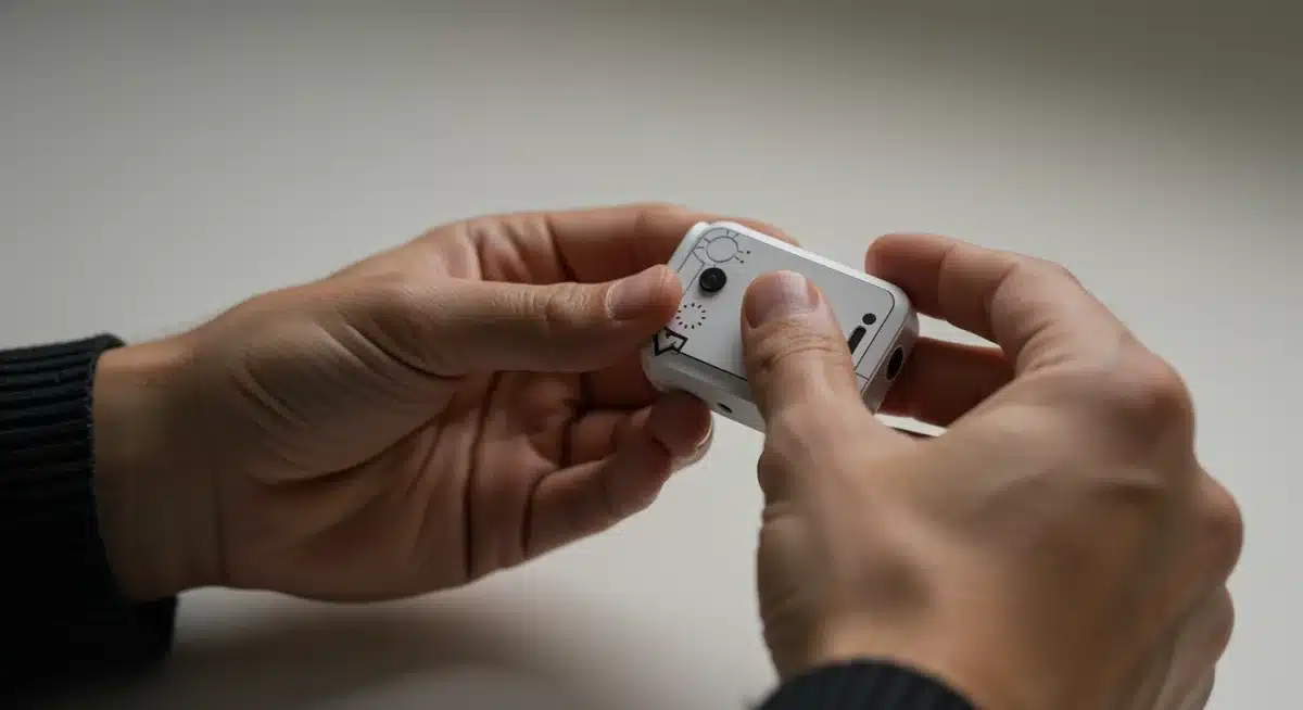 Person examining a prototype of a new tech gadget during a product test.