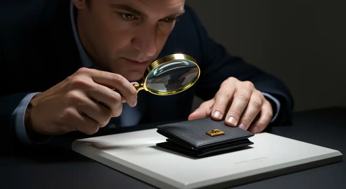 Collector examining a limited edition accessory with a magnifying glass in a display case.