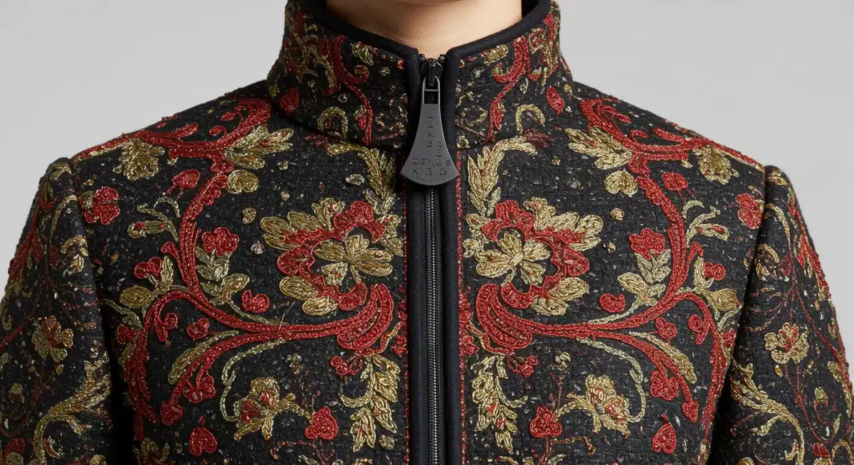 Close-up of intricate details from a limited series fashion collaboration piece, showcasing unique craftsmanship.