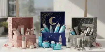Three elegant limited series beauty boxes for 2026, overflowing with premium skincare and makeup products.