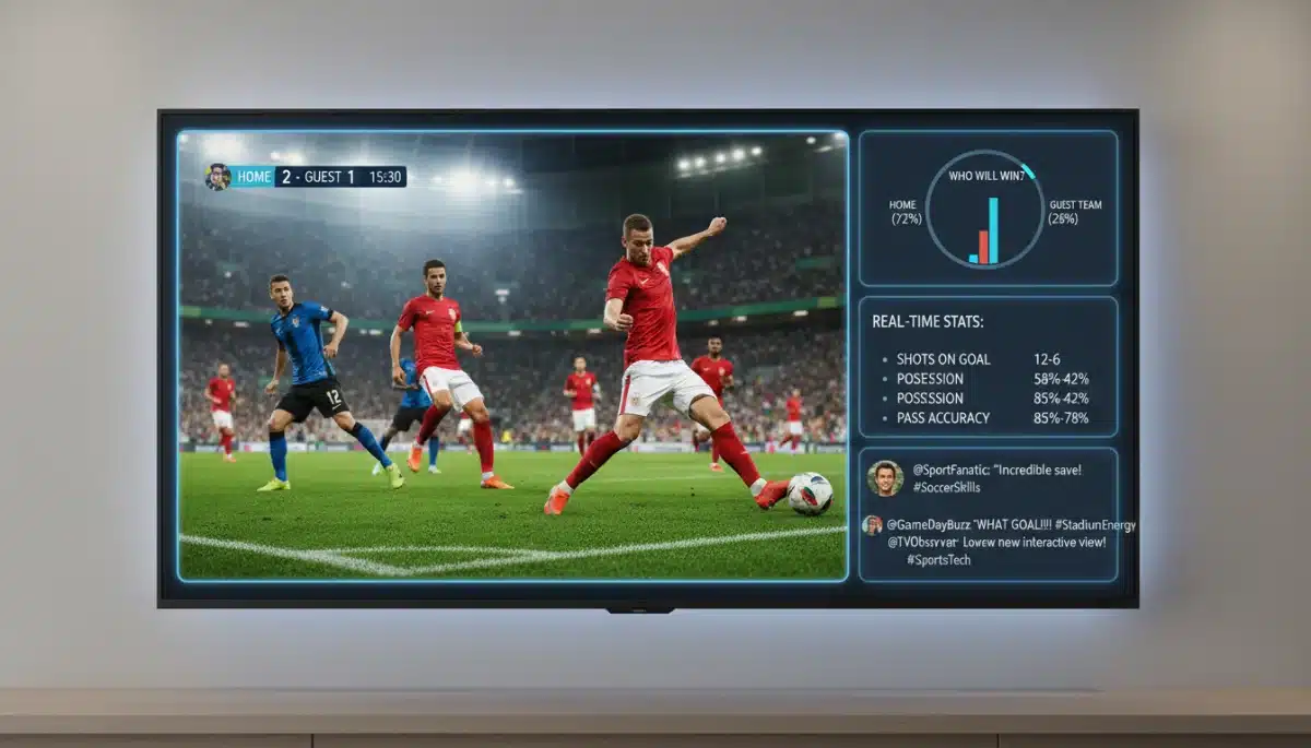 Split-screen TV showing 8K sports broadcast and interactive fan features