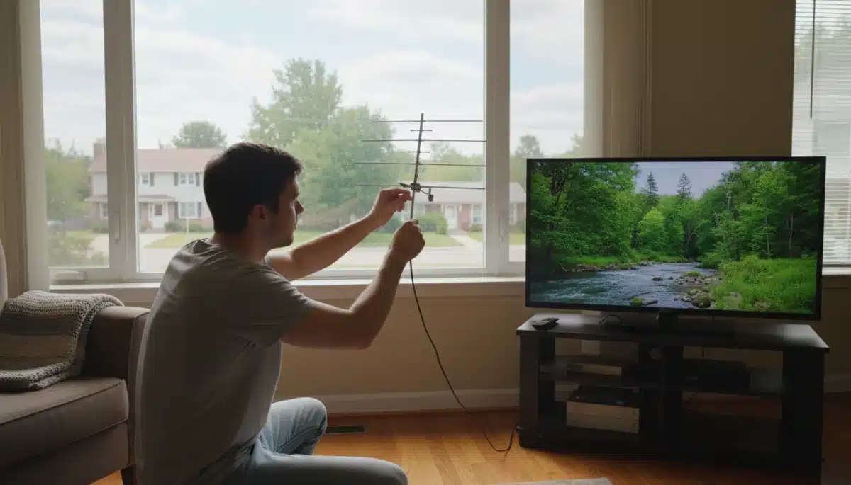 Person adjusting indoor TV antenna for signal improvement