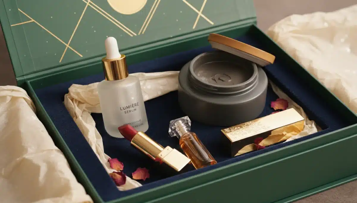 Carefully curated premium beauty products inside an open limited series beauty box.