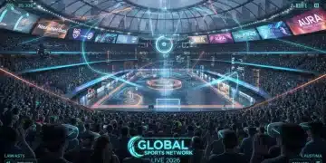 Futuristic stadium showcasing augmented reality and VR in sports broadcasting