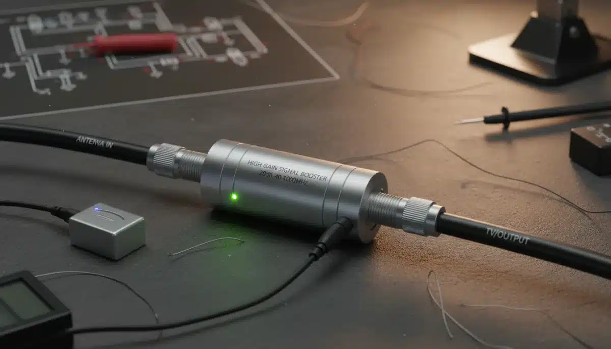 Close-up of a TV antenna signal amplifier connected to coaxial cable
