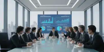 TV executives analyzing show performance data on a large screen