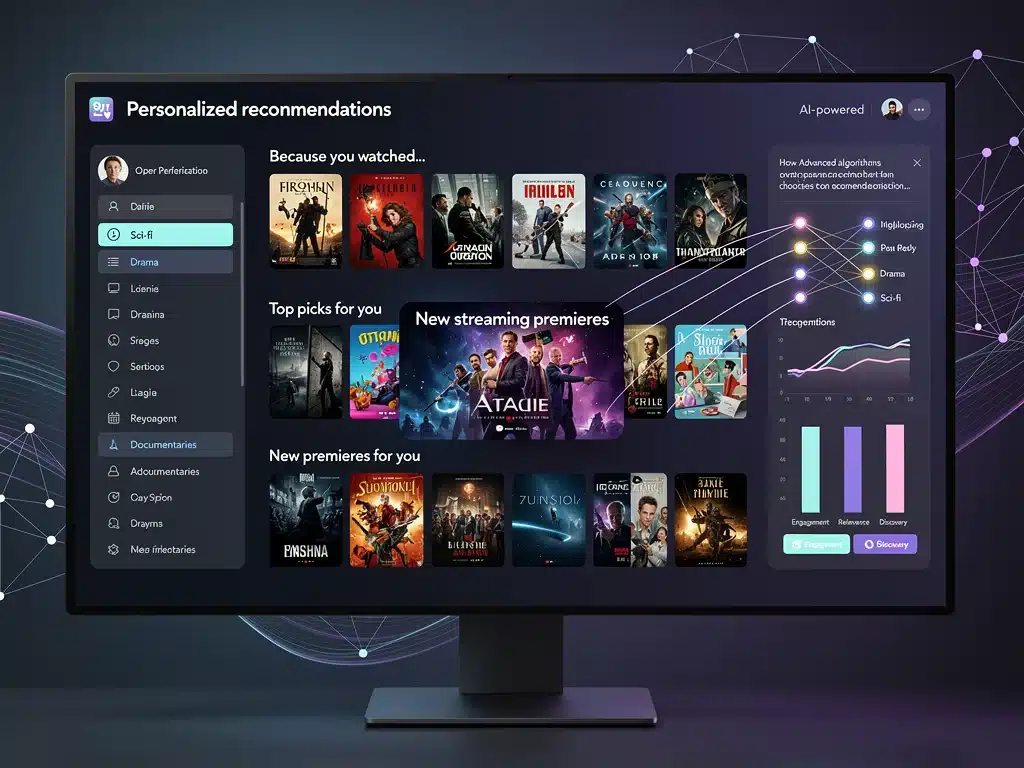 AI recommendation engine interface personalizing content suggestions for streaming viewers.
