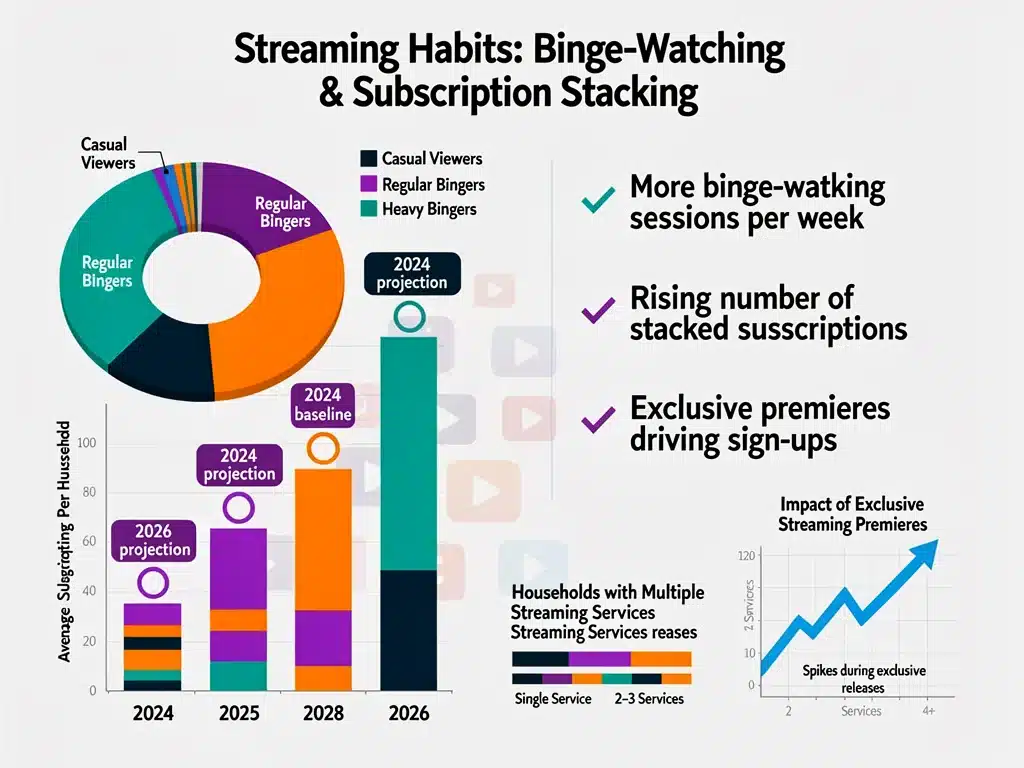 Infographic showing increased binge-watching and subscription stacking trends among streaming viewers.