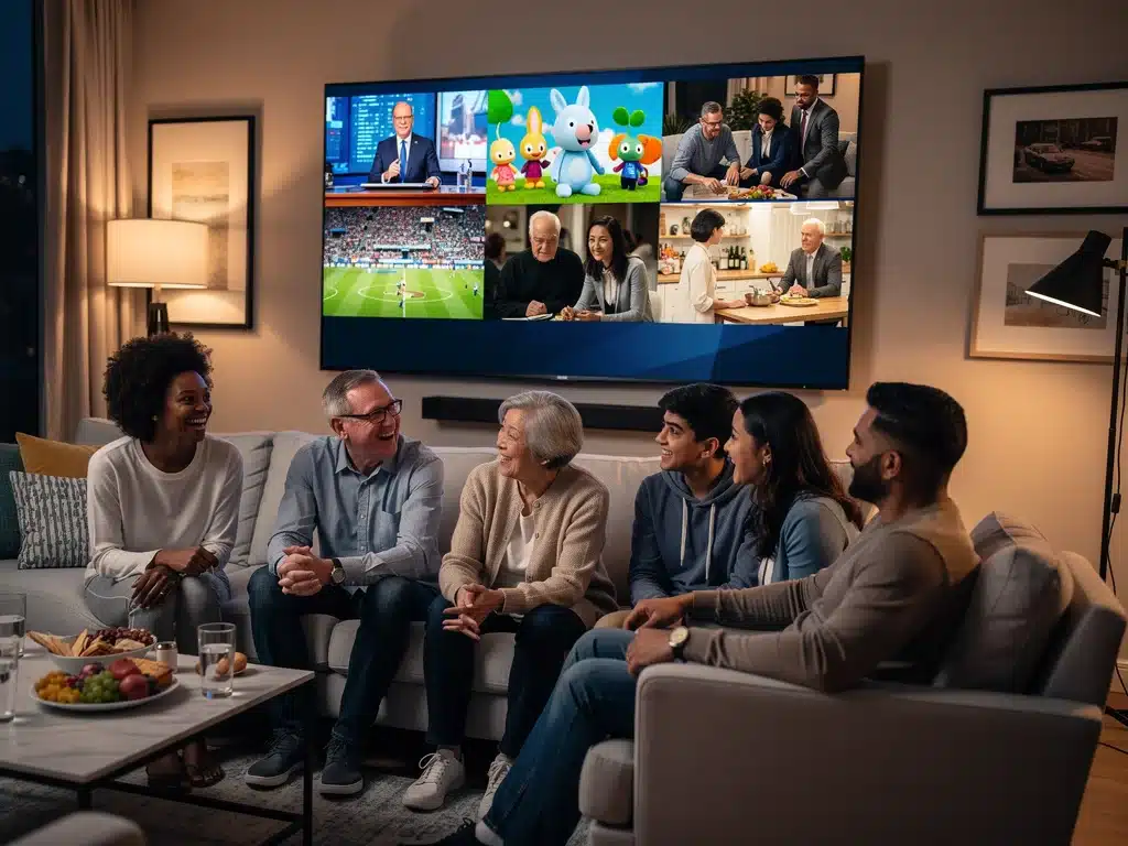 Diverse audience watching cable original programming, reflecting viewership growth.