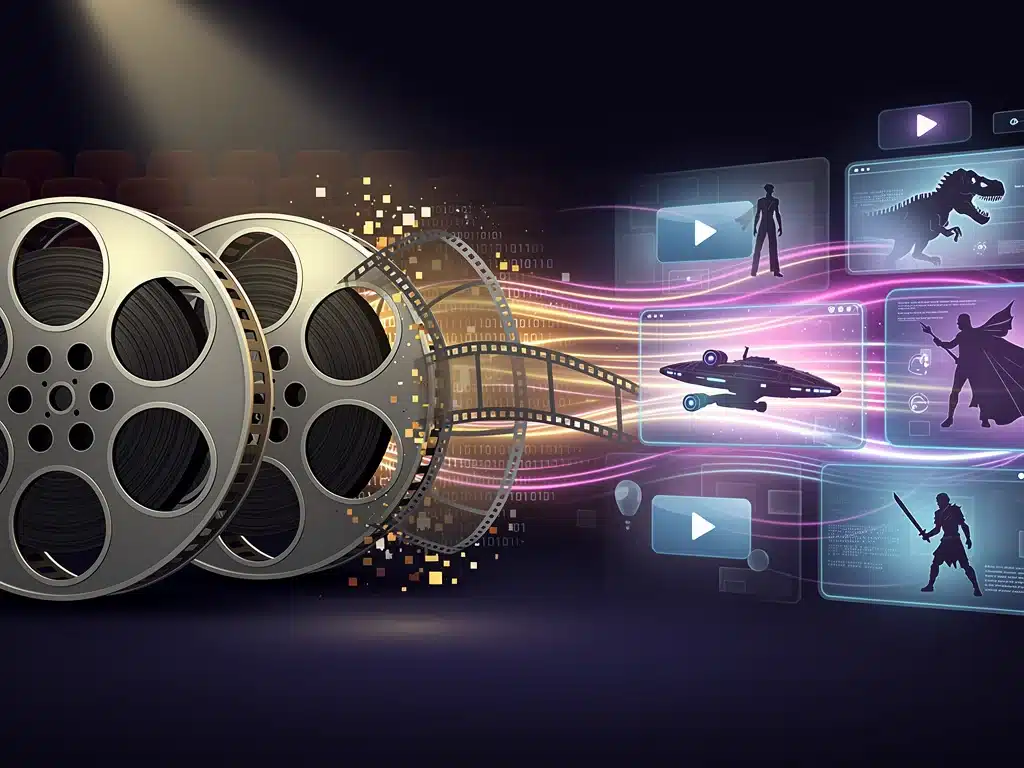 Graphic illustrating the transition of major film productions from traditional cinemas to digital streaming platforms, featuring iconic movie elements.