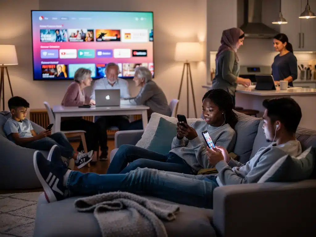 Diverse audience watching streaming content on multiple devices, reflecting broad reach