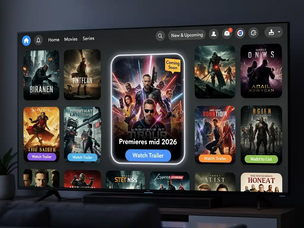 Streaming platform interface displaying upcoming major movie releases, highlighting the ease of access for viewers by mid-2026.