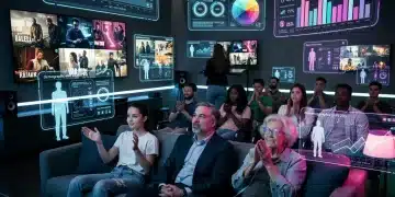 Diverse audience watching cable TV, holographic data trends for 2026 cable audience shift