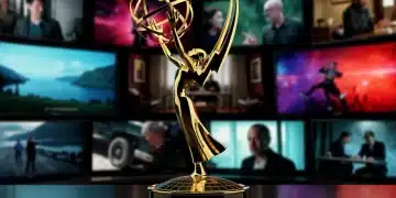 Golden Emmy statuette reflecting diverse cable original series on glowing screens.