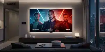 Futuristic living room with large UHD TV showing cable original series