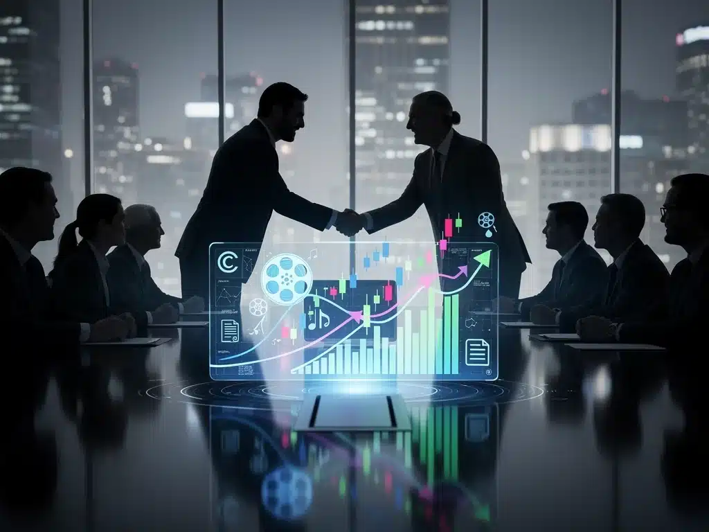Business figures negotiating over intellectual property and financial charts.