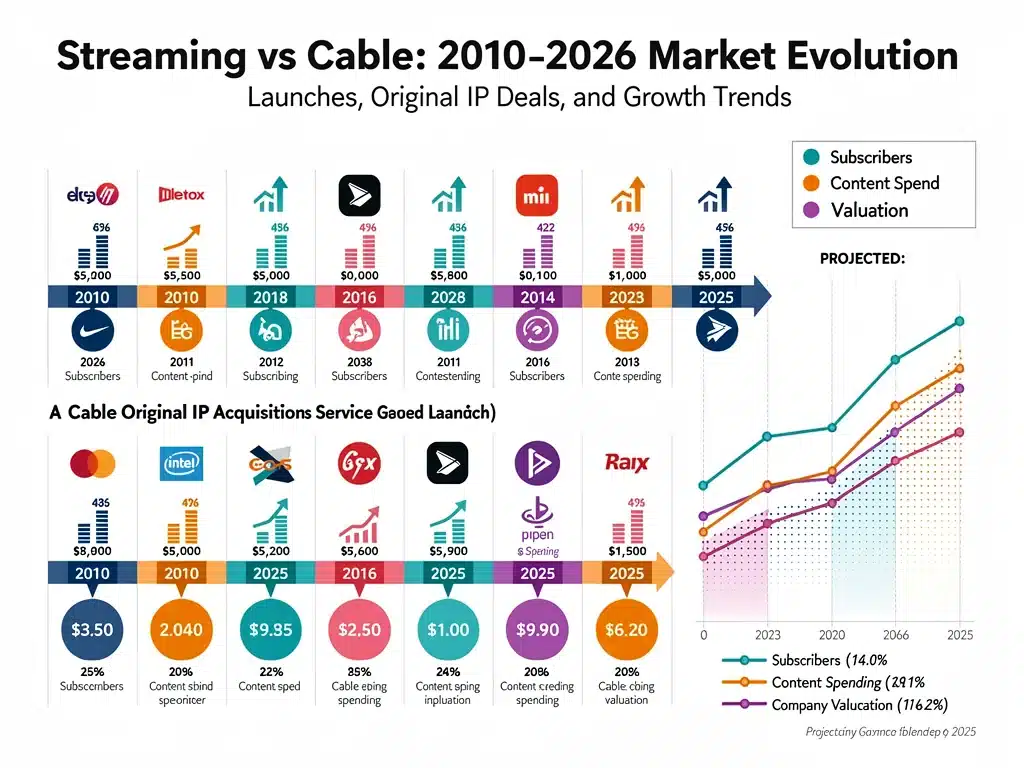 Infographic showing streaming service growth and cable IP acquisitions timeline.