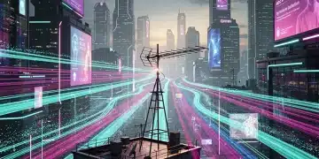 Futuristic cityscape with streaming data converging on TV antenna, illustrating the 2026 cable original landscape evolution.