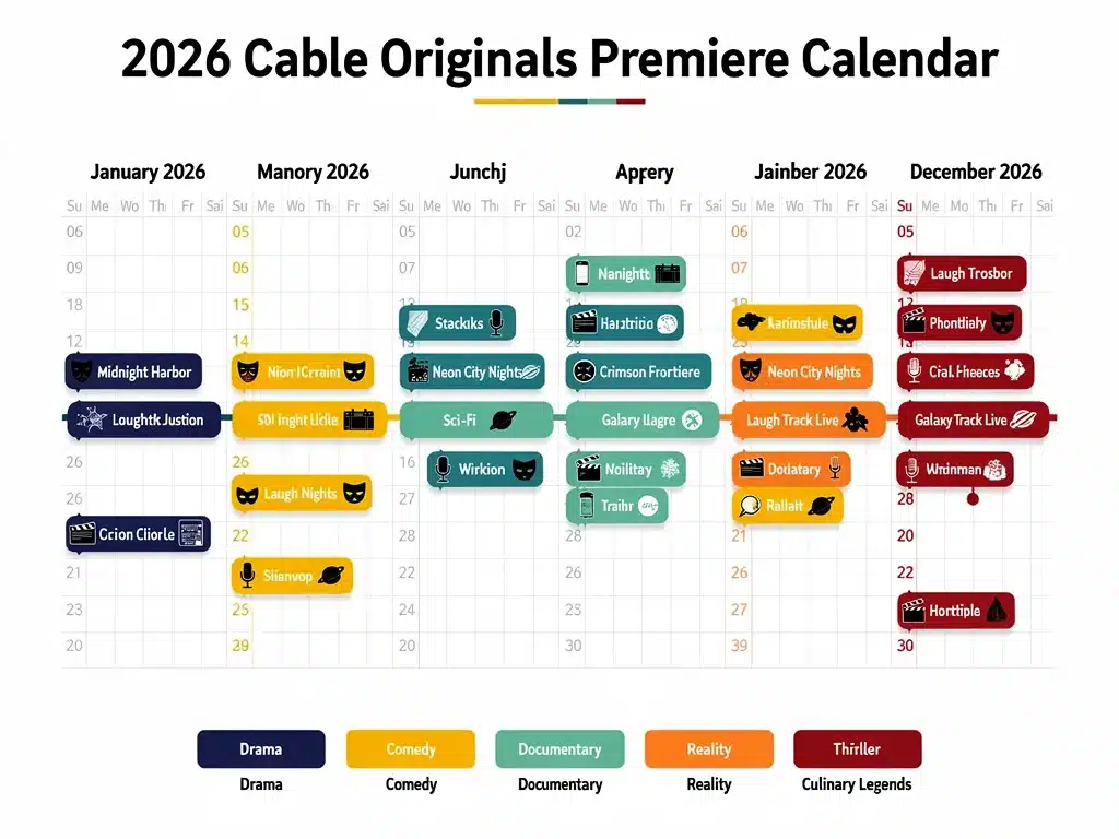 Infographic showing a detailed 2026 cable original series premiere calendar
