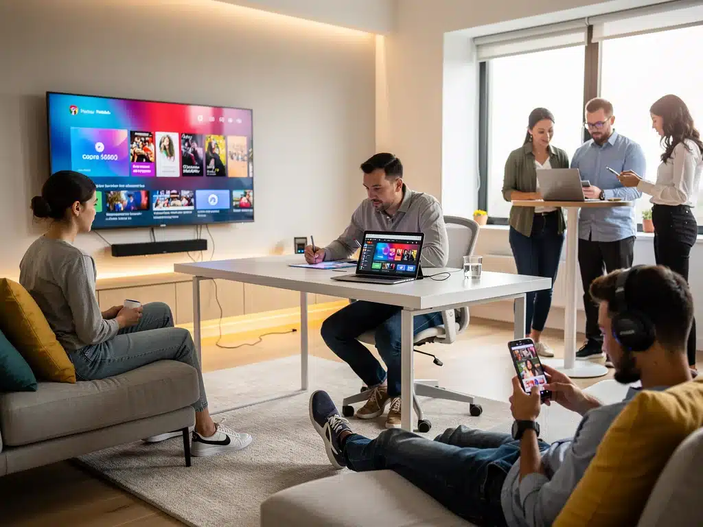 Diverse audience consuming content across multiple devices, showcasing fragmented media consumption.