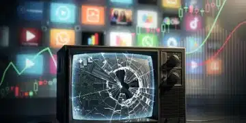 Broken television screen with digital streaming icons and financial charts