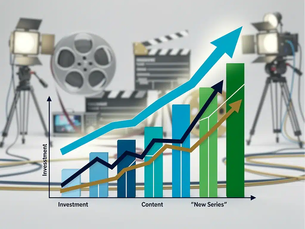 Financial growth charts and film production equipment, symbolizing major investments in original series.