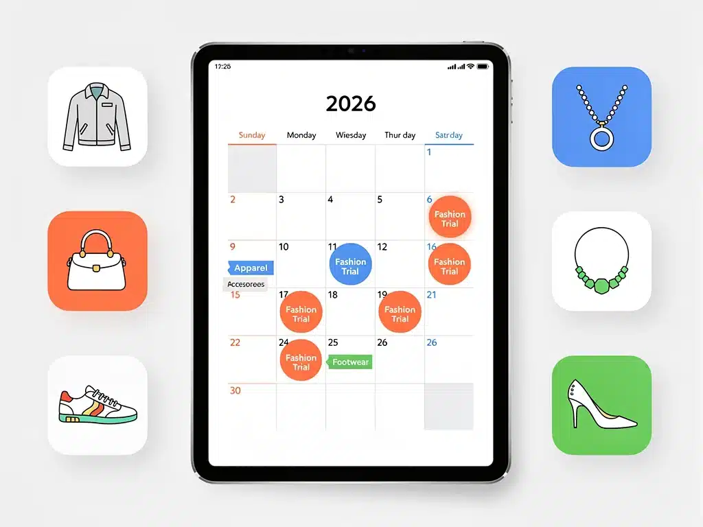 Digital calendar showing important dates for 2026 fashion trial events.